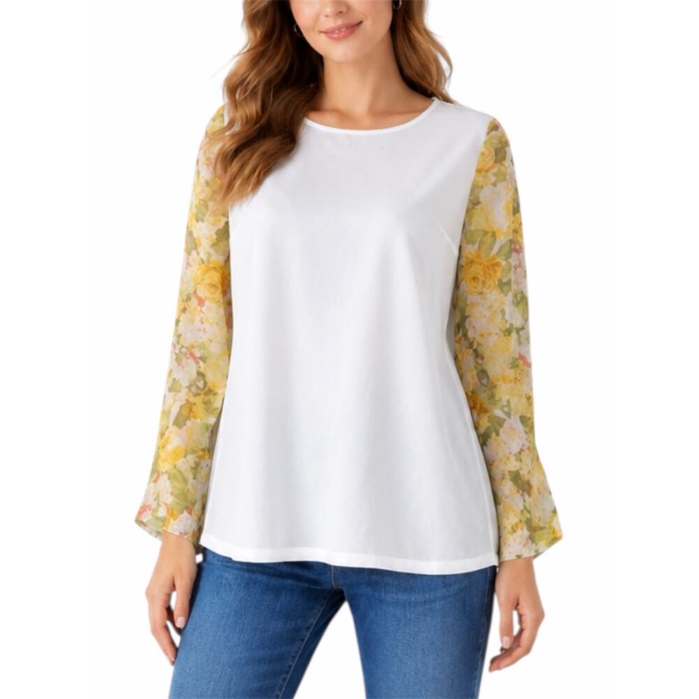 Lovers + Friends Floral Printed Long Sleeve Sheer Top White Yellow Size M